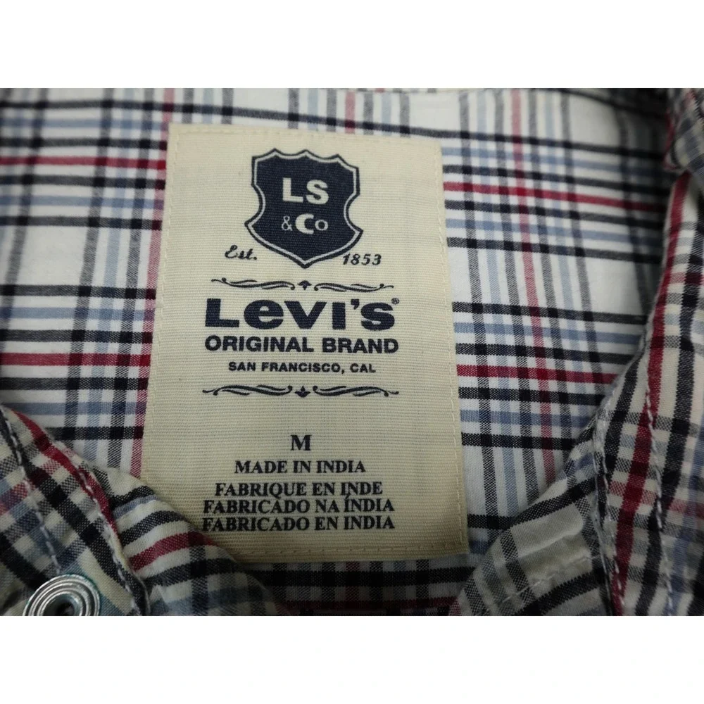Levis Mens Western Pearl Snap Shirt M Plaid‎ Long Sleeve Red Blue White Cotton